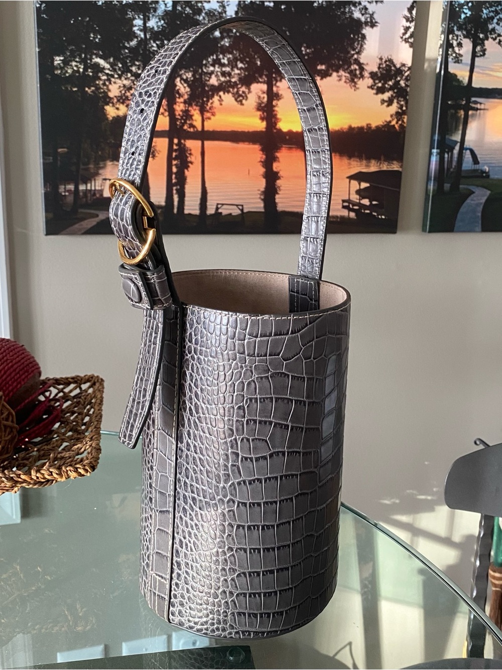 Trademark—Gray Croc-Embossed Cylinder Bucket Bag with Top Handle — RRP $ 350